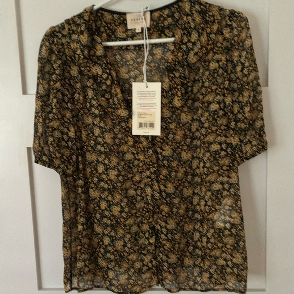 Floral Sheer Blouse Buttons down front ruffled neck